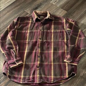 Vintage St.John’s Bay brawny heavy brown & maroon plaid Flannel Shirt Sz Large T